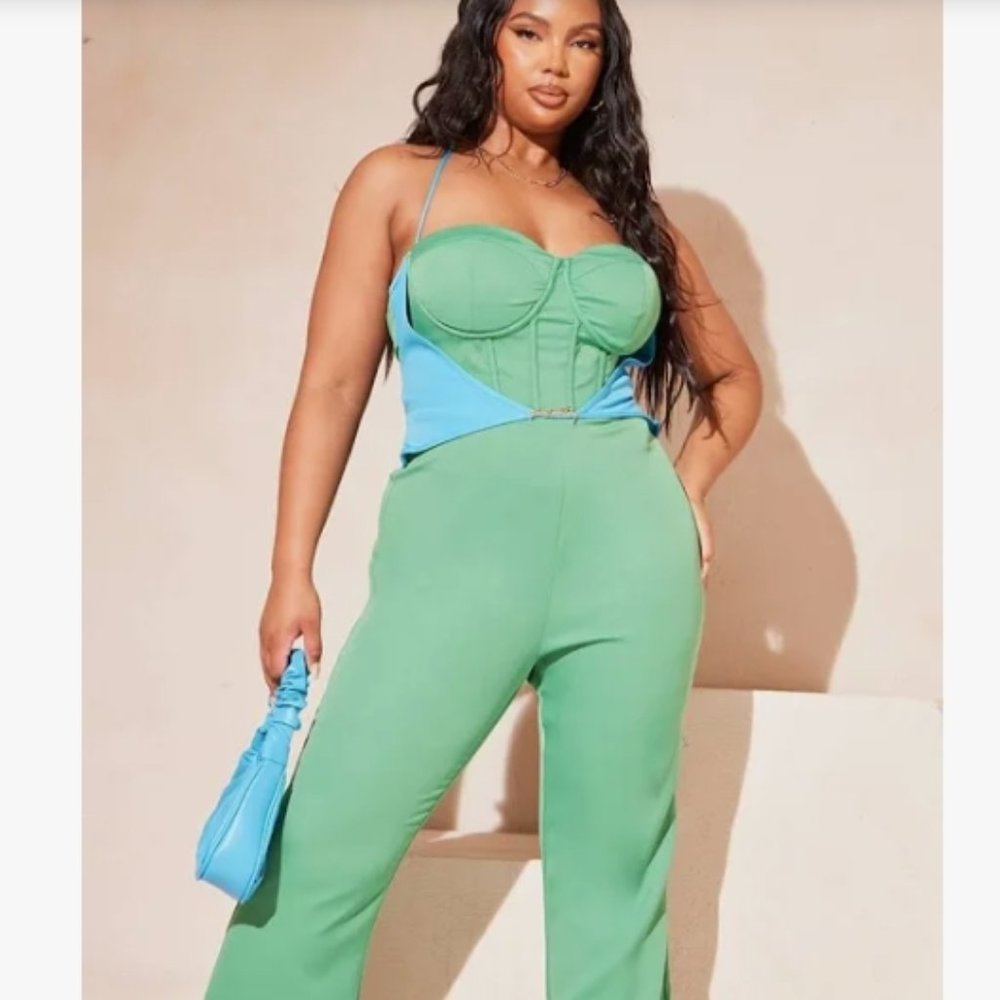 PrettyLittleThing Structured Green Corset Jumpsuit Size 16 NWT - Picture 6 of 9